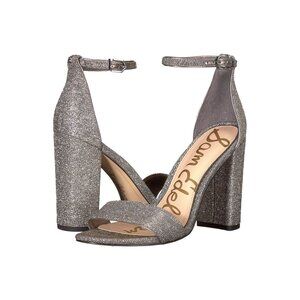 Sam Edelman Yaro Block Heel Ankle Strap Silver Glitter Sandal (SILVER, 6.5)